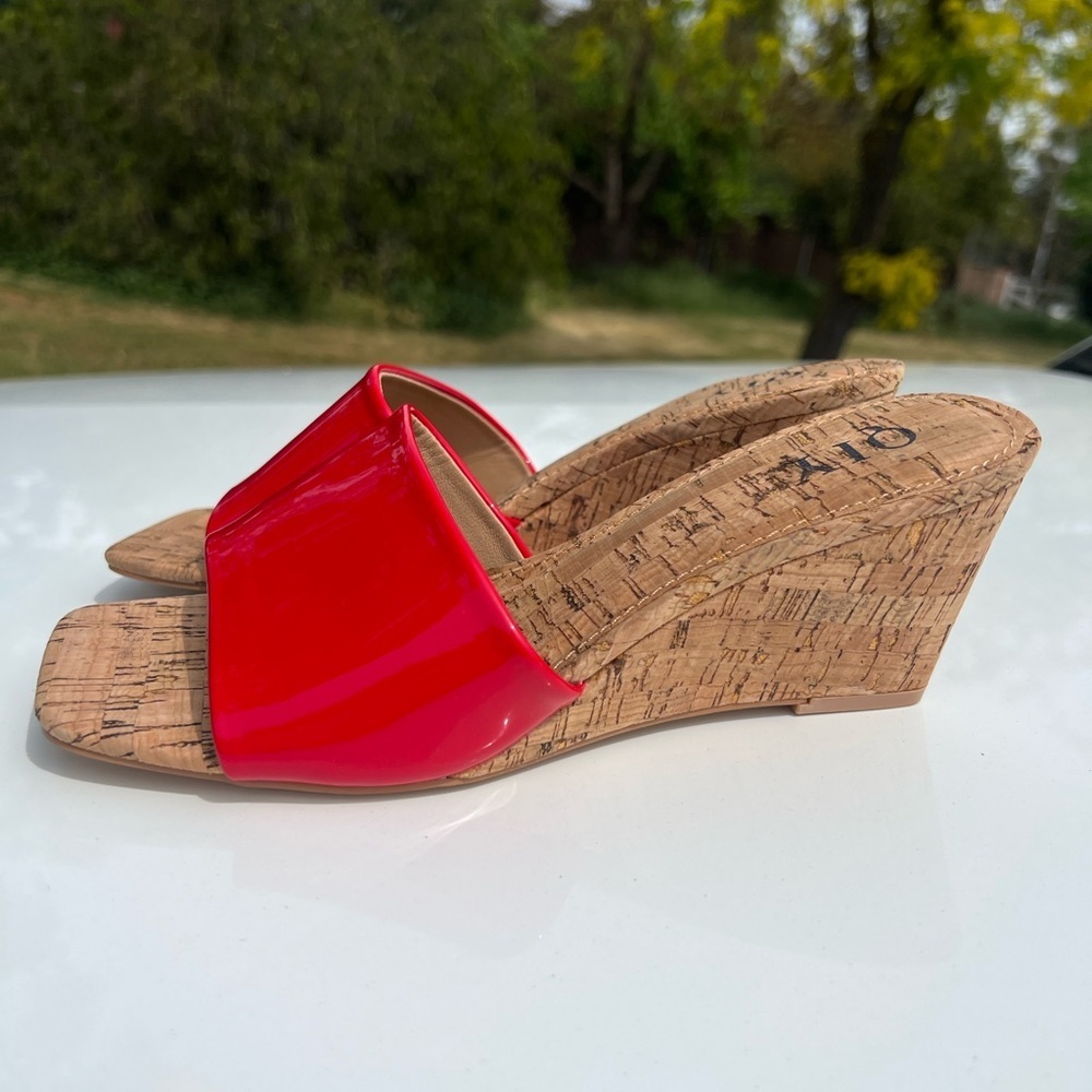 Glossy Red Patent Cork Wedge Slide - Women
